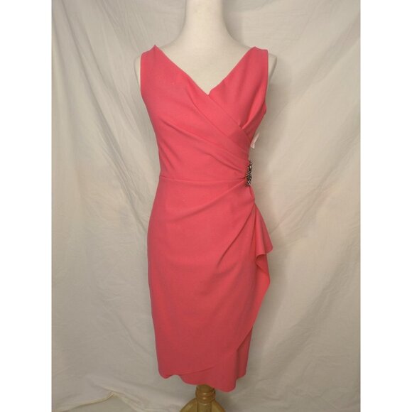 🆕ALEX EVENINGS Side Ruched Embellished Slimming Cocktail Dress Hot Coral Pink 4 - Picture 3 of 7